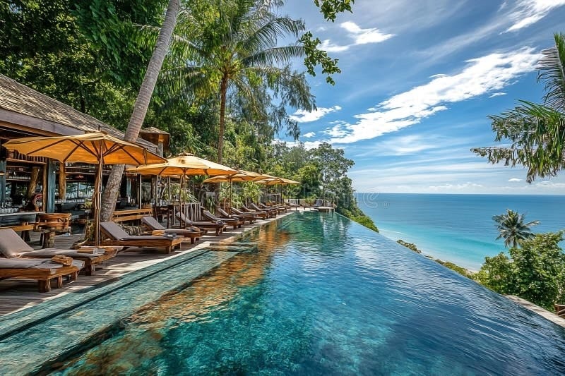 Luxury infinity pool overlooking tropical ocean paradise with crystal clear water